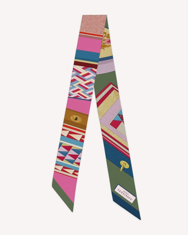 Twilly en Soie "Marqueterie" vert et rose