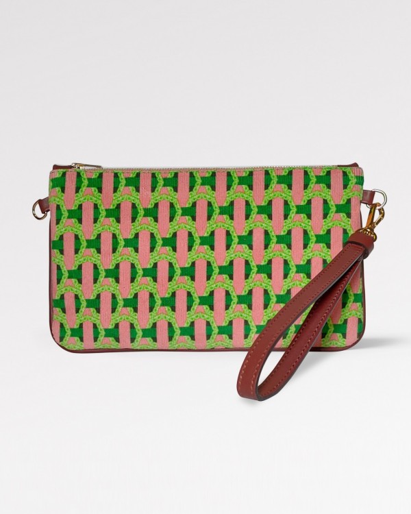 Pochette Élégante en Velours rose et vert et Cuir - Produit en Italie