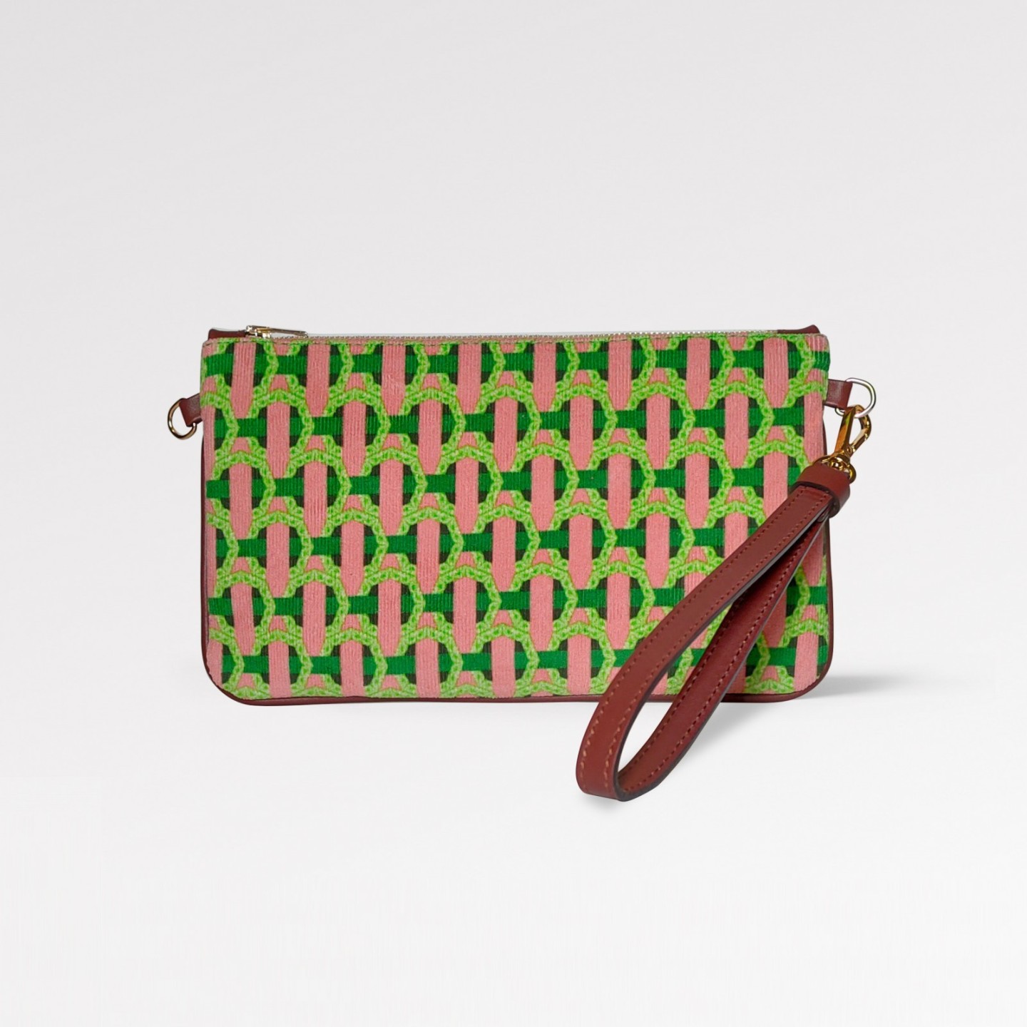 Pochette Élégante en Velours rose et vert et Cuir - Produit en Italie