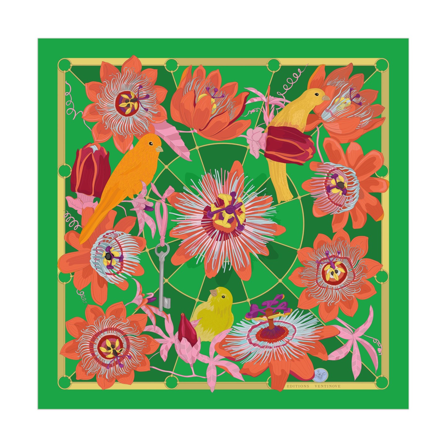 Twill silk scarf square 90 - The bird cage